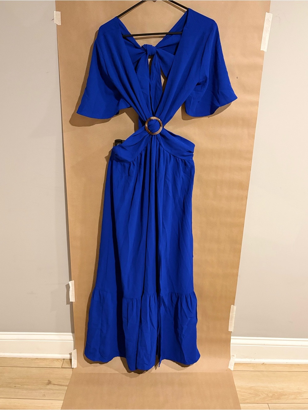 Skue Blue Cutout Maxi Dress Size M 6 Ring Detail Tie Back Resort